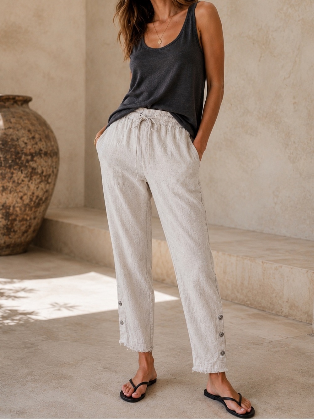 Bella Dahl 100% Linen Drawstring Ankle Pants Button Hem Cream Size Medium NWT - Picture 2 of 10